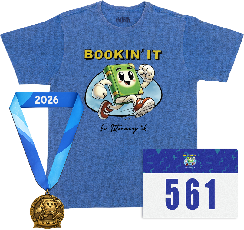 Bookin’ It 5K finisher t‑shirt and medal
